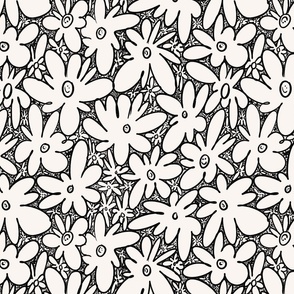 Simple flowers doodle. Monochrome with yellow dots Daisies flower meadow. Big scale.