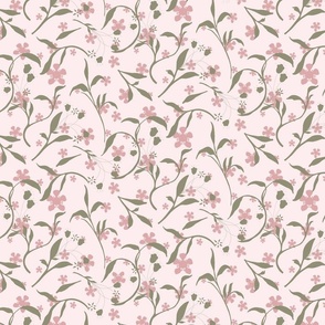 Botanical Floral, Pink Flowers and Green Eucalyptus leaves Swirl, Medium