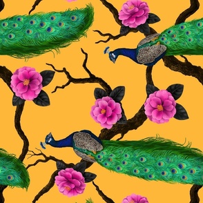 Peacock birds in the camellia garden on yellow, railroaded