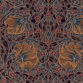 Pimpernel - LARGE- historic damask by William Morris -  teal brown copper dark with linen effect adaption - Pimpernell Antiqued art nouveau deco,fabric and wallpaper 