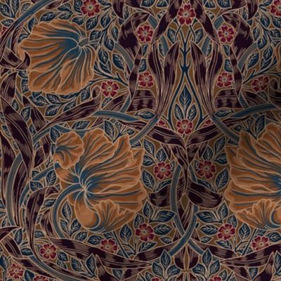 Pimpernel - SMALL - historic damask by William Morris -  teal brown copper dark with linen effect adaption - Pimpernell Antiqued art nouveau deco,fabric and wallpaper 