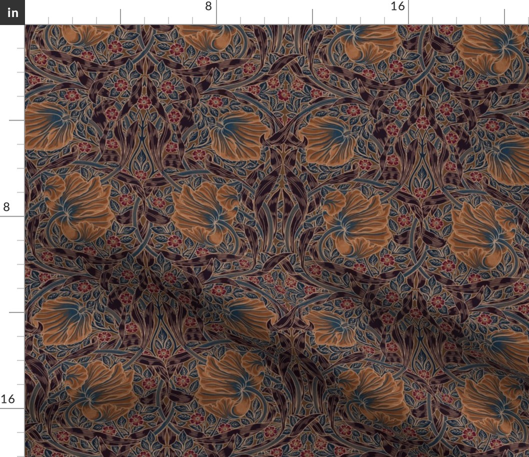 Pimpernel - SMALL - historic damask by William Morris -  teal brown copper dark with linen effect adaption - Pimpernell Antiqued art nouveau deco,fabric and wallpaper 