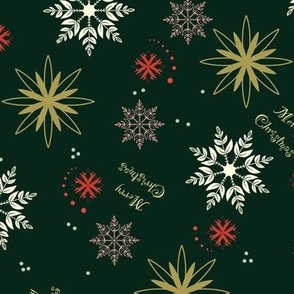 Retro Christmas snowflakes on dark green