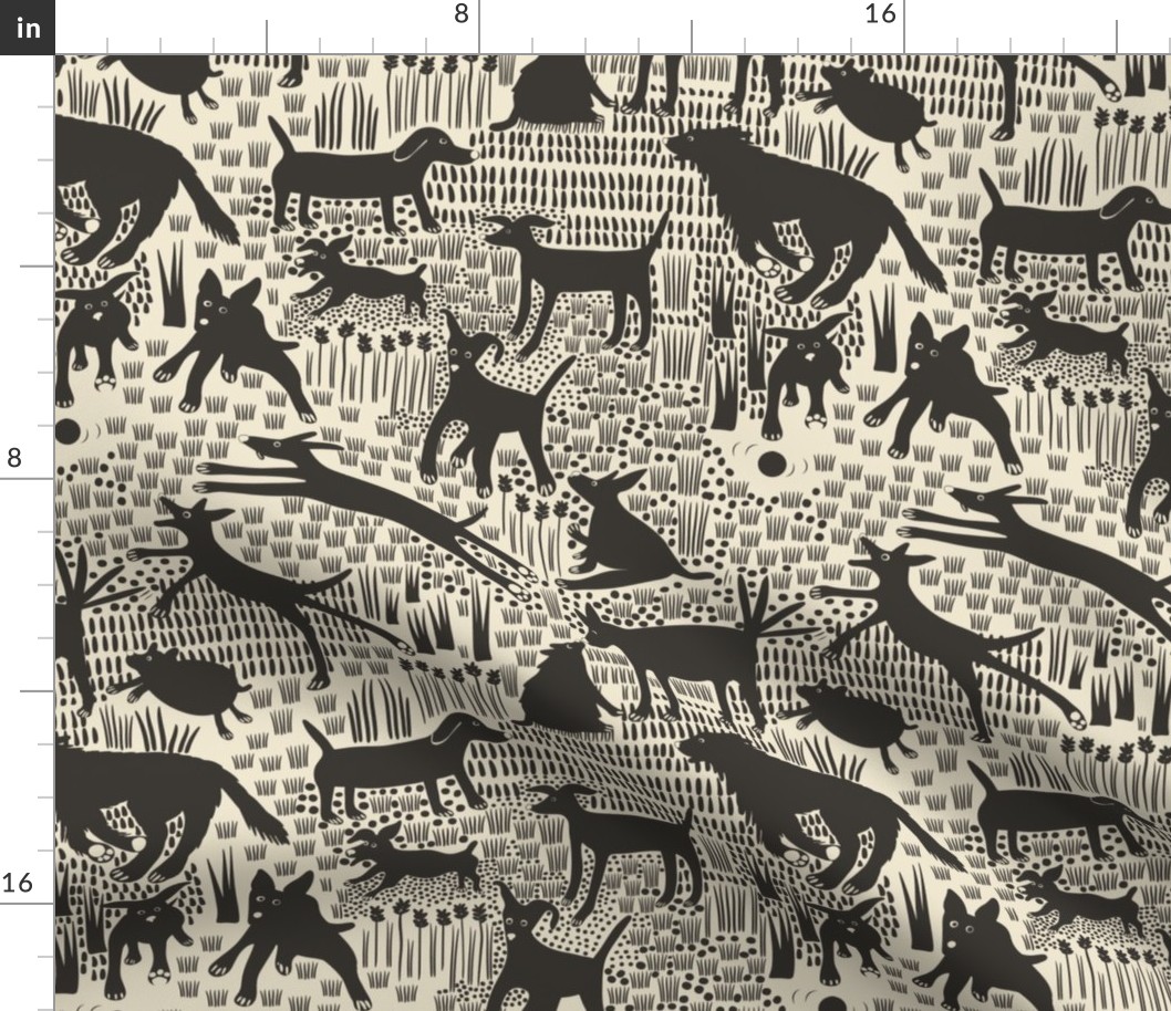 Derpy dogs 12" (monochrome magic collection) - Black and cream design with dogs at the dog park playing ball and having fun.