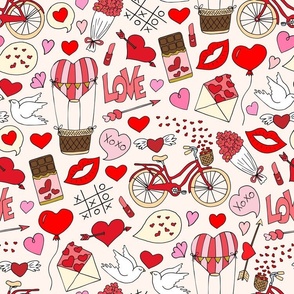 Funny Valentine Hand Drawn Doodle Print on Cream / Hearts, Lettering, Bicycle, Love Letter, Dove Pattern