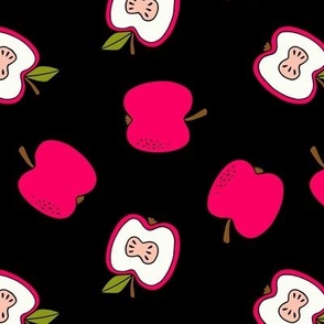 Apple Tossed -Block Print- bright hot pink on black