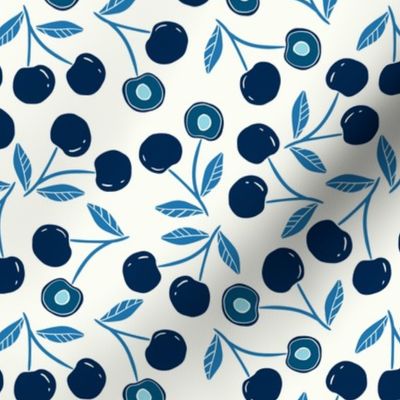 Cherry Tossed -Block Print- blue on off-white
