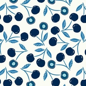 Cherry Tossed -Block Print- blue on off-white