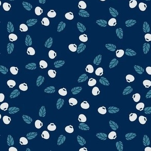 Blueberry Tossed -Block Print- white berries on blue 