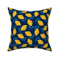 Lemon Tossed -Block Print- Yellow and blue on blue
