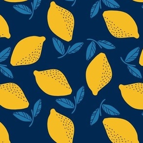 Lemon Tossed -Block Print- Yellow and blue on blue