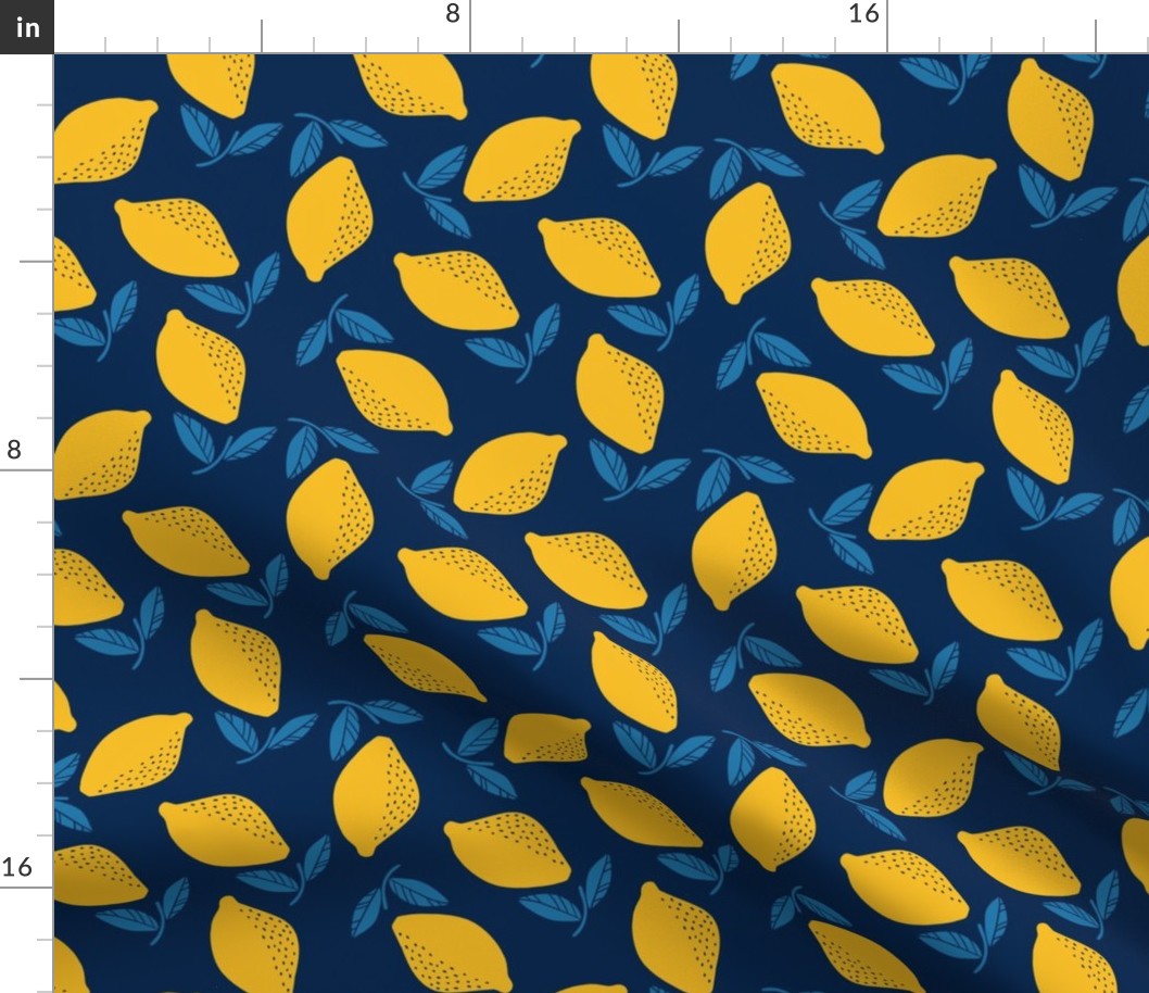Lemon Tossed -Block Print- Yellow and blue on blue