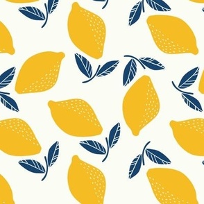 Lemon Tossed -Block Print- Yellow and blue on off white