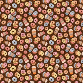 Ditsy kawaii donuts and coffee with chocolate sprinkles small for quilting