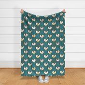 big scale_Peace dove- Mid-century design- Easter, Thanks Giving, Christmas- stylish white birds and Xmas trees- The Petal Solids Coordinates Joy_ Lagoon teal over Pine green background