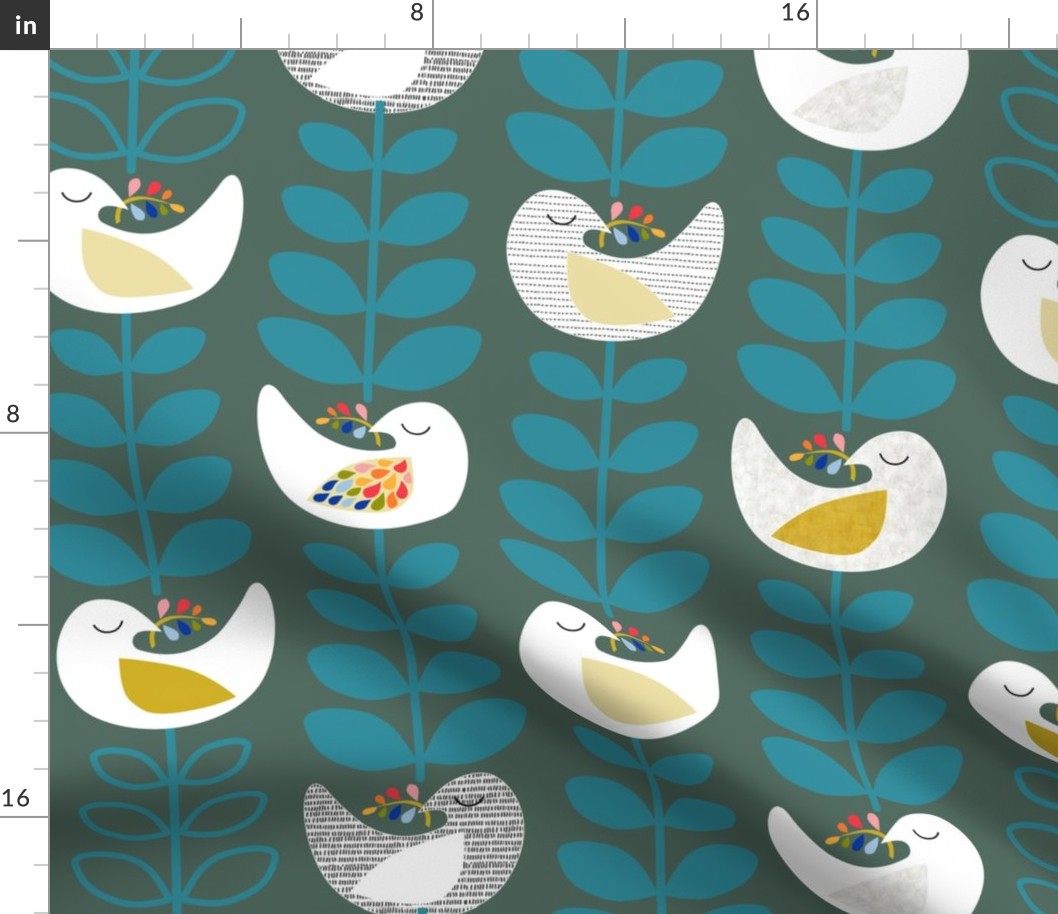 big scale_Peace dove- Mid-century design- Easter, Thanks Giving, Christmas- stylish white birds and Xmas trees- The Petal Solids Coordinates Joy_ Lagoon teal over Pine green background