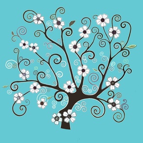 Spiral Sakura tree of life on turquoise 