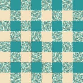 Chicken Scratch Gingham. Bright Turquoise on almond. Size medium.