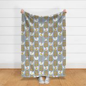 big scale_Peace dove- Mid-century design- Easter, Thanks Giving, Christmas- stylish white birds and Xmas trees- The Petal Solids Coordinates Joy_ Mustard over Sky Blue background