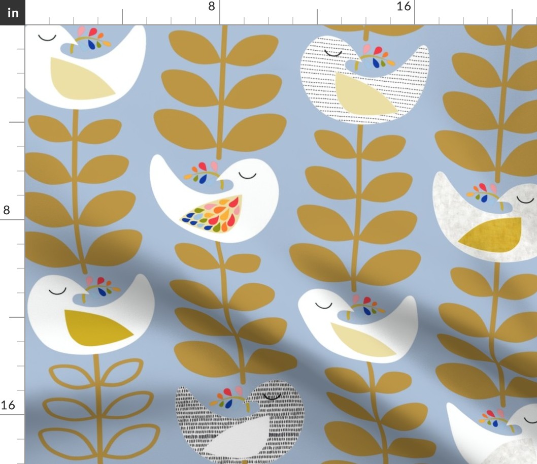 big scale_Peace dove- Mid-century design- Easter, Thanks Giving, Christmas- stylish white birds and Xmas trees- The Petal Solids Coordinates Joy_ Mustard over Sky Blue background