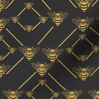 Buzzing Honey Bees | Large Scale | Vintage 1920s art deco style with gold lines and golden textured bees on a black background