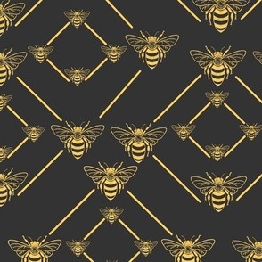 Buzzing Honey Bees | Large Scale | Vintage 1920s art deco style with gold lines and golden textured bees on a black background