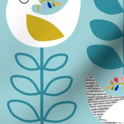 big scale_Peace dove- Mid-century design- Easter, Thanks Giving, Christmas- stylish white birds and Xmas trees- The Petal Solids Coordinates Joy_ Lagoon teal over Pool blue green background
