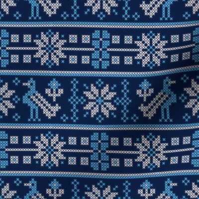 Cross Stitch European Winter Pattern with Birds / Blue Version / Small Scale