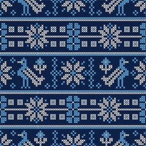 Cross Stitch European Winter Pattern with Birds / Blue Version / Small Scale