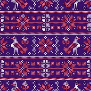 Cross Stitch European Winter Pattern with Birds / Purple Version / Small Scale
