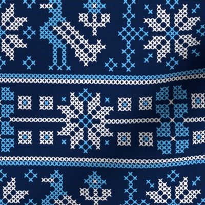 Cross Stitch European Winter Pattern with Birds / Blue Version / Medium Scale