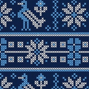 Cross Stitch European Winter Pattern with Birds / Blue Version / Medium Scale