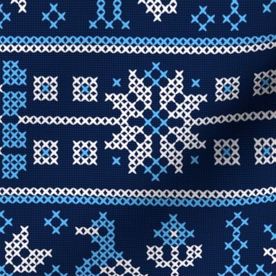 Cross Stitch European Winter Pattern with Birds / Blue Version / Large Scale