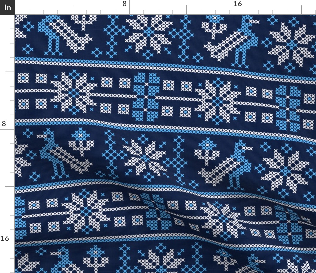 Cross Stitch European Winter Pattern with Birds / Blue Version / Large Scale