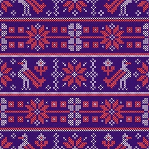 Cross Stitch European Winter Pattern with Birds / Purple Version / Large Scale