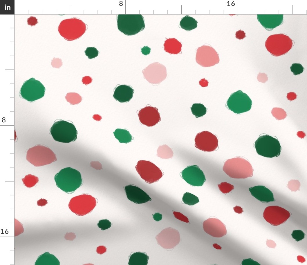 Red, pink and green watercolor dots on light beige background. Christmas terrazzo home decor.