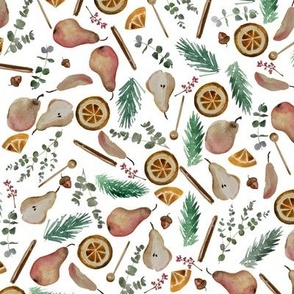 pear and clementine Christmas / eucalyptus evergreen / watercolor