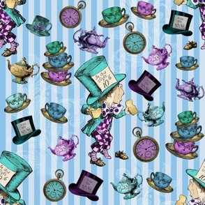 Mad Hatter with teacups and pots on sky blue stripe