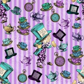 Mad Hatter with teacups and pots lavendar