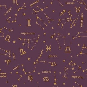 Zodiac Skies Constellations Plum and Gold by Norlie Studio