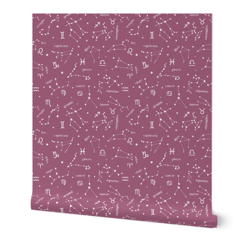 Zodiac Skies Constellations Mauve and White by Norlie Studio