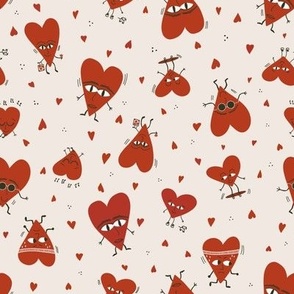 Small scale Cool red love heart characters with poodles, skateboards, joggers, music lovers and tote bags. Medium scale for cute nursery wallpaper and linen, kids apparel, cute pjs and valentines crafts