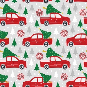 christmas tree truck, red pickup truck winter, woodland christmas