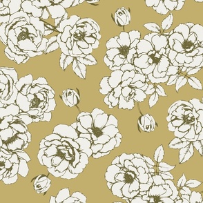Big White roses on a mustard yellow background