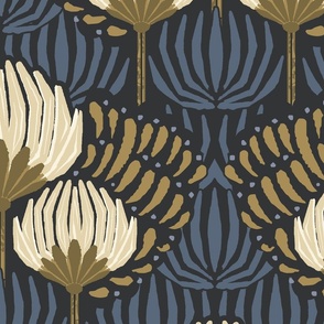 1920s Luxury Deco Floral  - Black, Cream, Gold, Blue - Jumbo