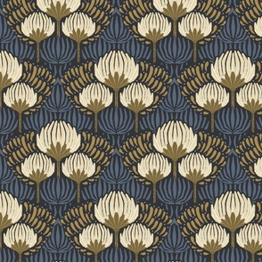 1920s Luxury Deco Floral  - Black, Cream, Gold, Blue - Medium