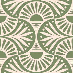 Art Deco Sunset and Leaves in Sage