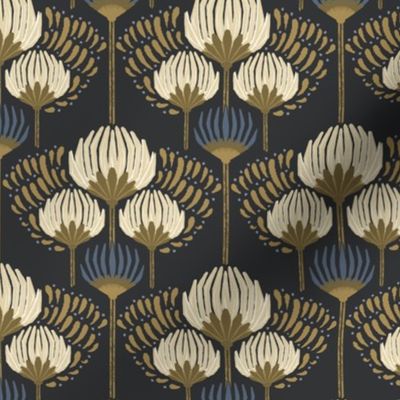 1920 Blossom Floral Wallpaper - Black, Cream, Gold, Blue - Micro 1
