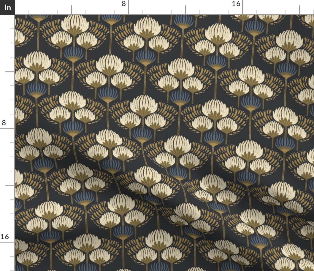 1920 Blossom Floral Wallpaper - Black, Cream, Gold, Blue - Micro 1