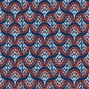 art deco two way cockle shell block print wavy scallop navy and red small scale